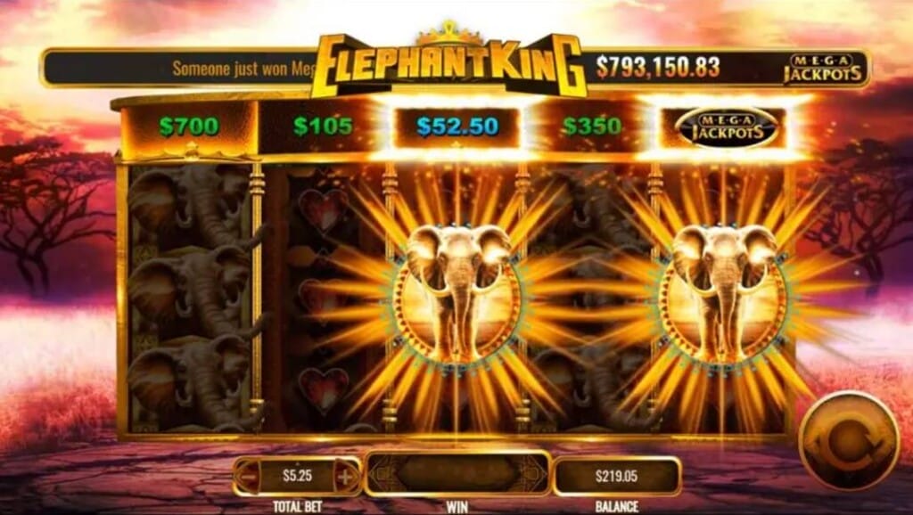 IGT’s Mega Jackpots Elephant King slot with elephant scatters, prize amounts, and the Mega Jackpots symbol across the reels.