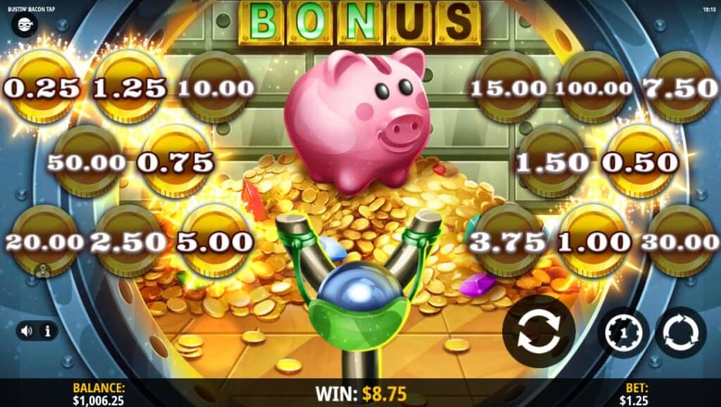 Piggy bank bonus screen in Bustin’ Bacon Tap showing a slingshot, glowing coins with prizes from $0.25 to $100, and a win of $8.75 on a $1.25 bet.