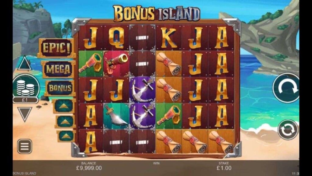 Gameplay screen from the Bonus Island online slot, featuring pirate-themed symbols like anchors, swords, and telescopes set against a tropical island backdrop.