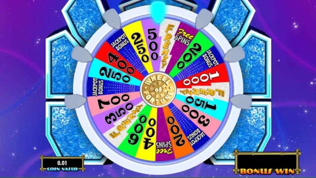 Colourful bonus wheel from Wheel of Fortune Hawaiian Getaway, featuring jackpot prizes, free spins, and multipliers against a vibrant blue and purple background.