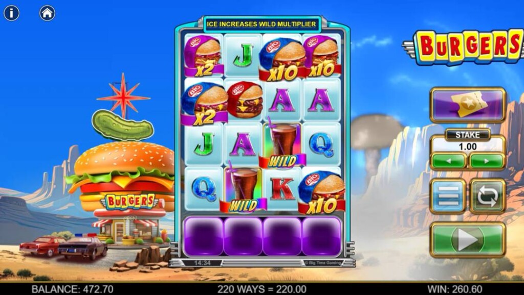 A screenshot of the Burgers slot reels. The game is set against a beautiful North American desert setting, with a diner situated on a roadside. The reels are filled with burgers, sodas, and playing card symbols.