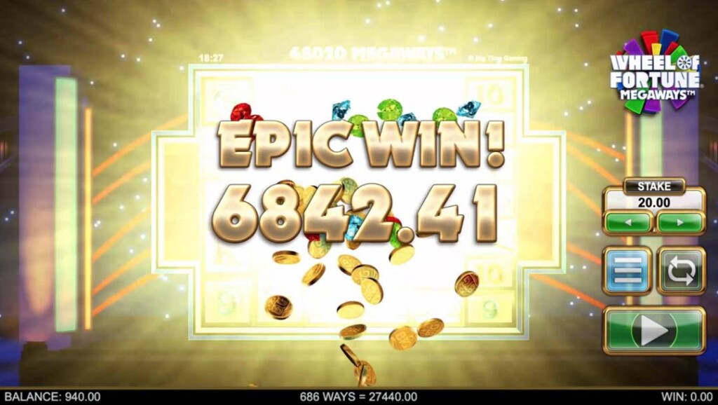A screenshot of an epic win in Wheel of Fortune Megaways. The background is bathed in a golden light while coins and gems fly forward. The foreground features the text “Epic Win!” and the payout value in a bold, gold font.