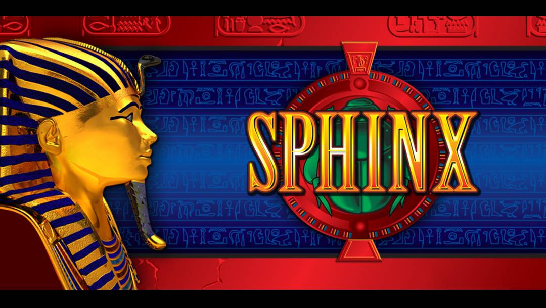 The title screen for the Sphinx online slot. It features a red and blue background with Egyptian hieroglyphics. A bust of an Egyptian Pharaoh on the left looks towards the right.
