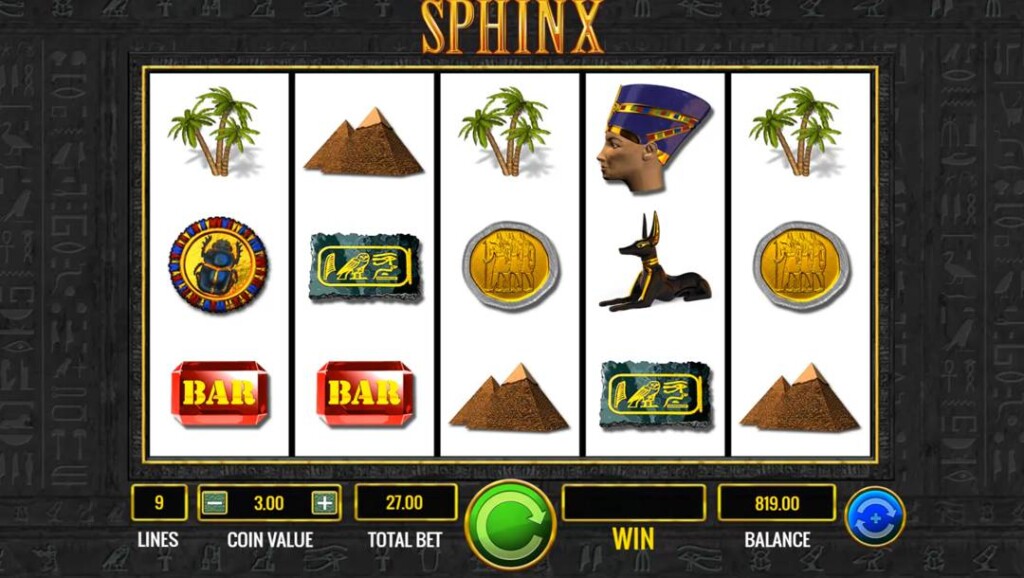 A screenshot of the Sphinx slot reels. The background is a dark stone wall with hieroglyphic symbols. In the foreground are the gold and white slot reels with mostly Egyptian-themed slot symbols, such as palm trees, pyramids, and hieroglyphics, as well as classic BAR slot symbols.