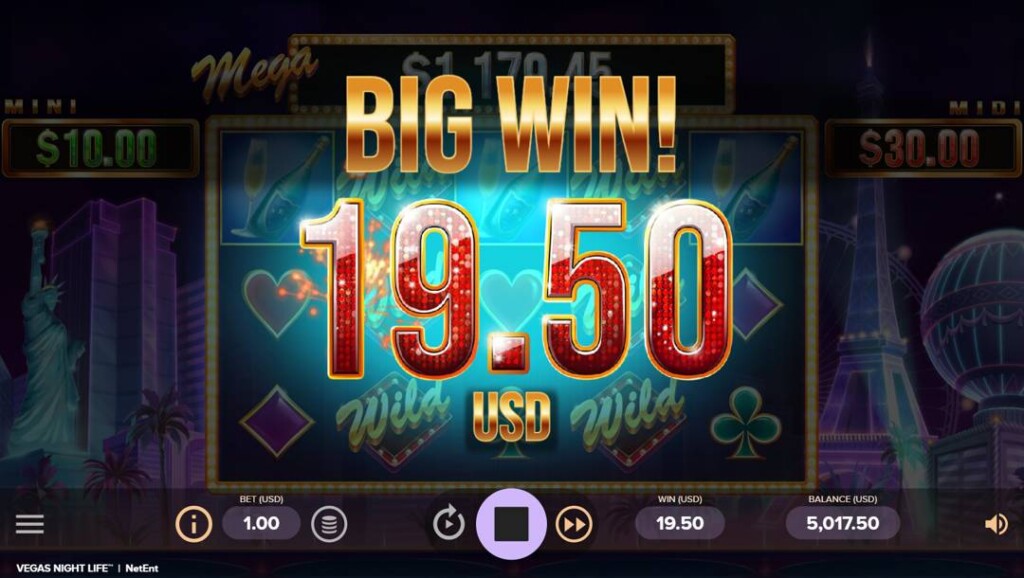 A screenshot of a Vegas Night Life big win. The game background and reels have a black filter over them. In front of the faded game screen in bright colors is “Big Win! 19.50 USD”. 