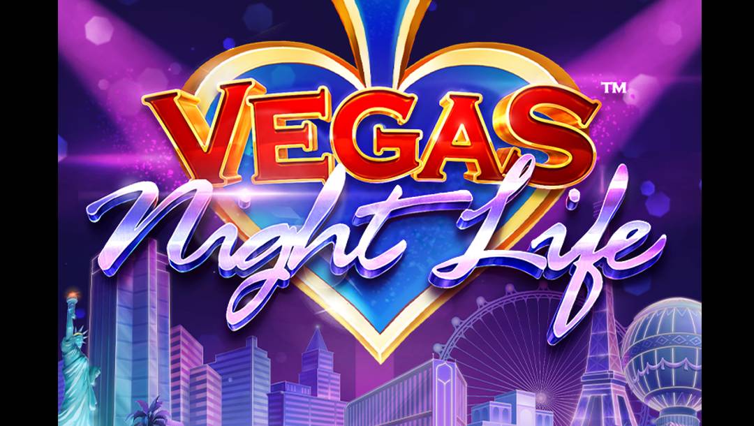 The Vegas Night Life title screen. The background features various famous Vegas sights in a neon blue and purple visual style. In the foreground is the game logo with an upside-down spade symbol and purple lights shining on it.