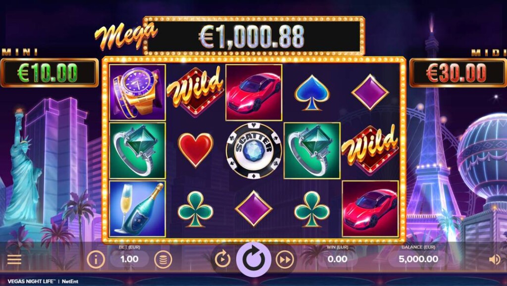 A screenshot of the Vegas Night Life slot reels. The background features many classic Las Vegas sights in a purple and blue neon visual style. The reels are in the foreground and feature many luxury symbols such as a red sports car and a gold watch, as well as playing card suit symbols.