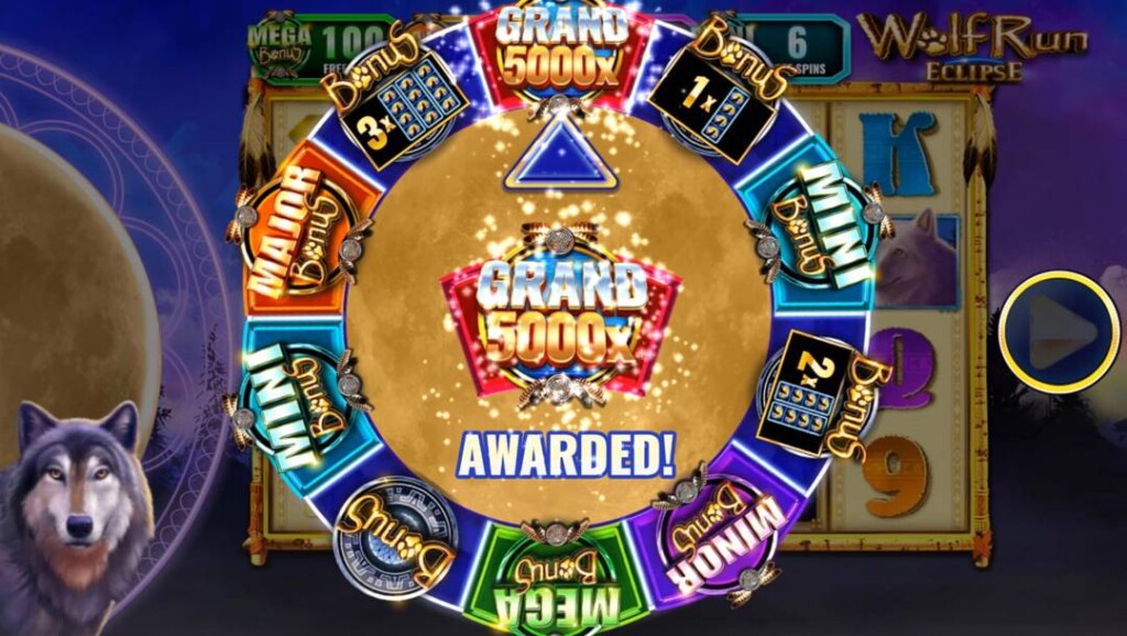 A screenshot of the Bonus Wheel in Wolf Run Eclipse. Various free spin prizes are displayed, as well as a Grand prize worth 5,000x your wager. The Grand prize is highlighted. A wolf stands to the left of the reels.