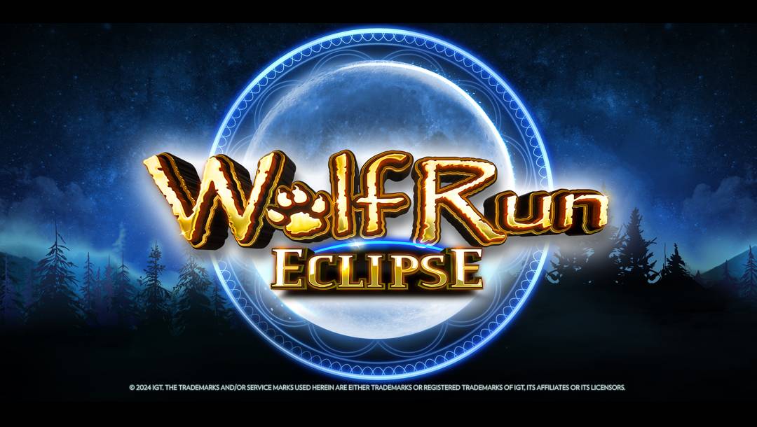The Wolf Run Eclipse title screen. The background is the silhouette of a forest at night, as pale blue light peaks over the horizon. In the foreground is the game logo and title with a mystical sphere surrounding the moon.
