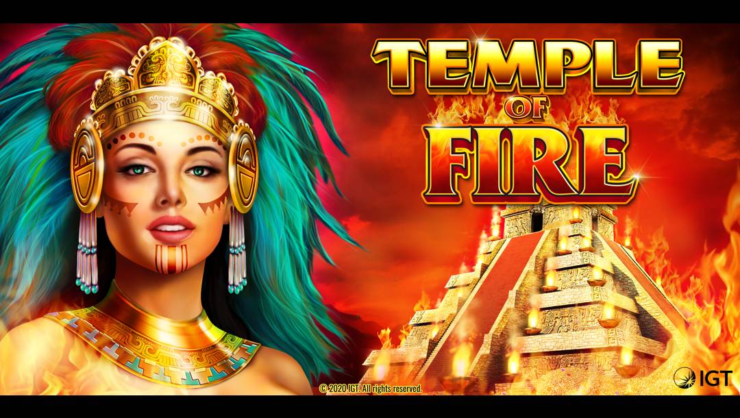 The Temple of Fire title screen. It features a fiery Aztec temple and a beautiful Fire Goddess, as well as the game’s fiery title.