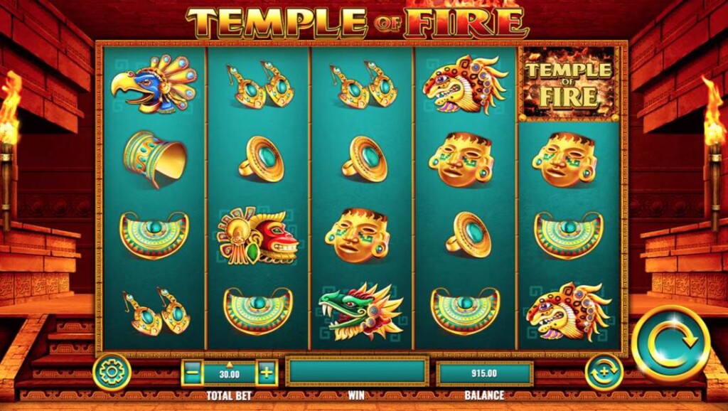 A screenshot of the slot reels in Temple of Fire. The background is the interior of an Aztec temple with fiery torches that bathe the temple interior in orange light. The foreground has the game’s slot reels with a turquoise background and Aztec-themed slot symbols.
