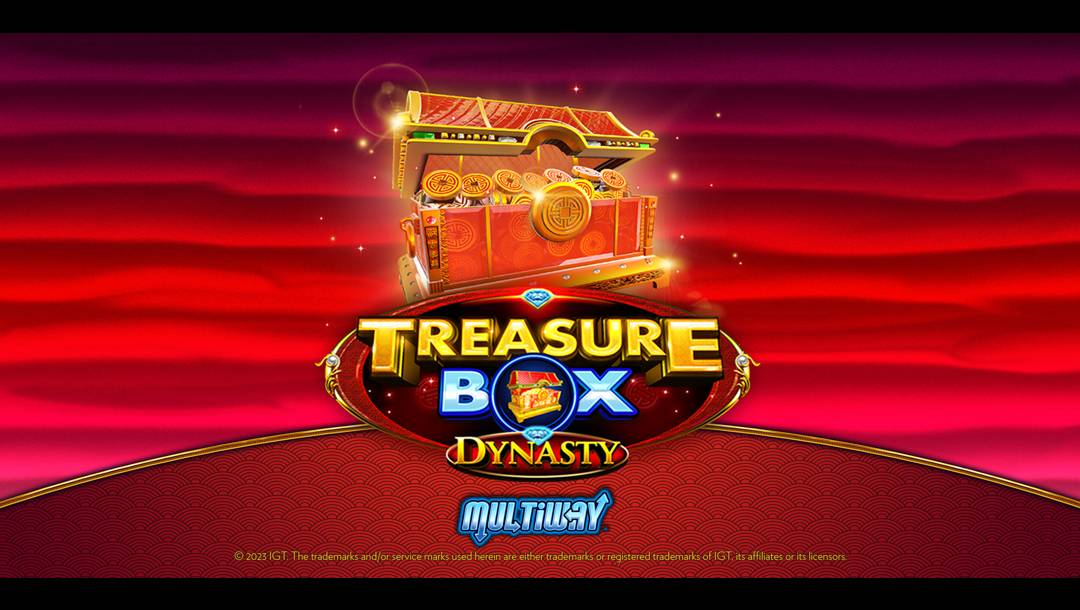 The Treasure Box Dynasty title screen. The game’s title and treasure box logo are set against a background with deep red hues.