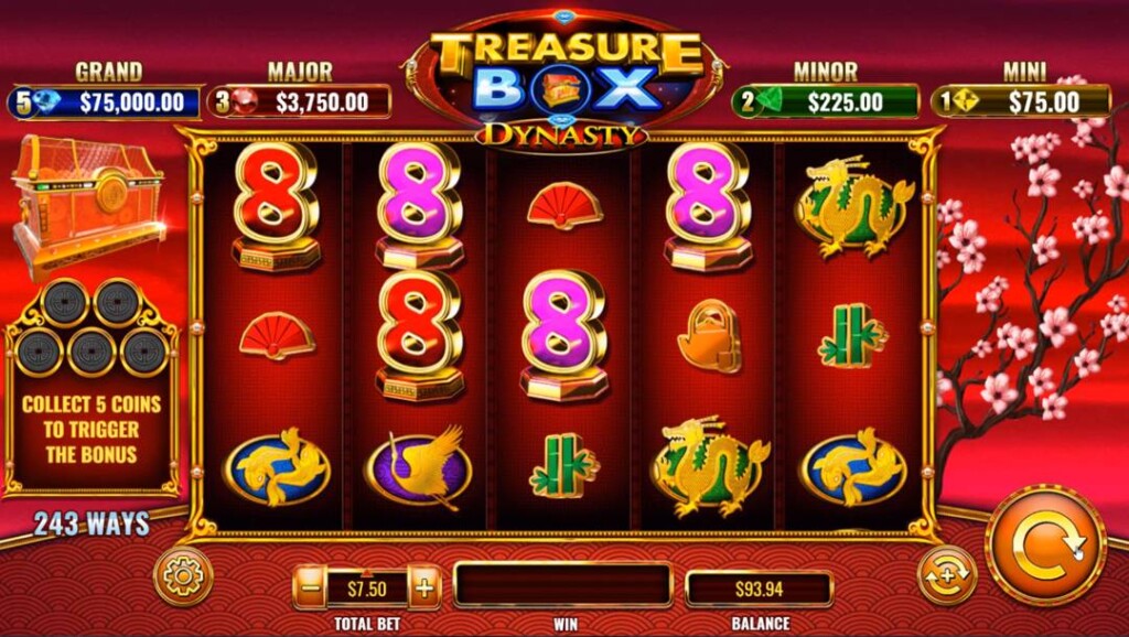 A screenshot of the Treasure Box Dynasty slot reels. The background is various shades of red with a cherry tree on the right. The slot reels consist of various Asian-themed slot symbols, while the jackpot prizes sit above the reels.