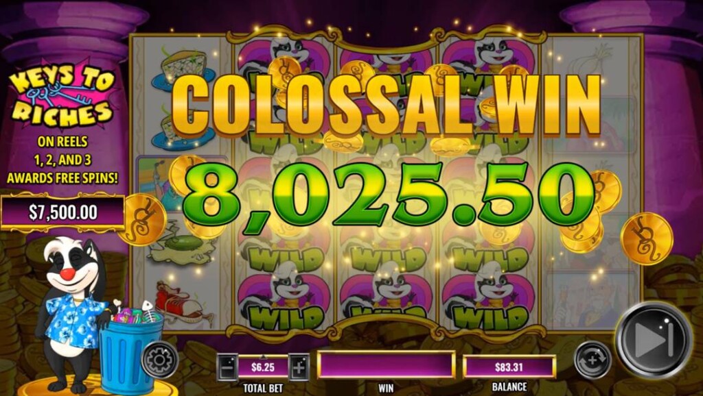 A screenshot of a colossal win in Stinkin’  Rich Skunks Gone Wild. The background is faded while the text “Colossal Win 8,025.50” appears in bright bold colors in the foreground.