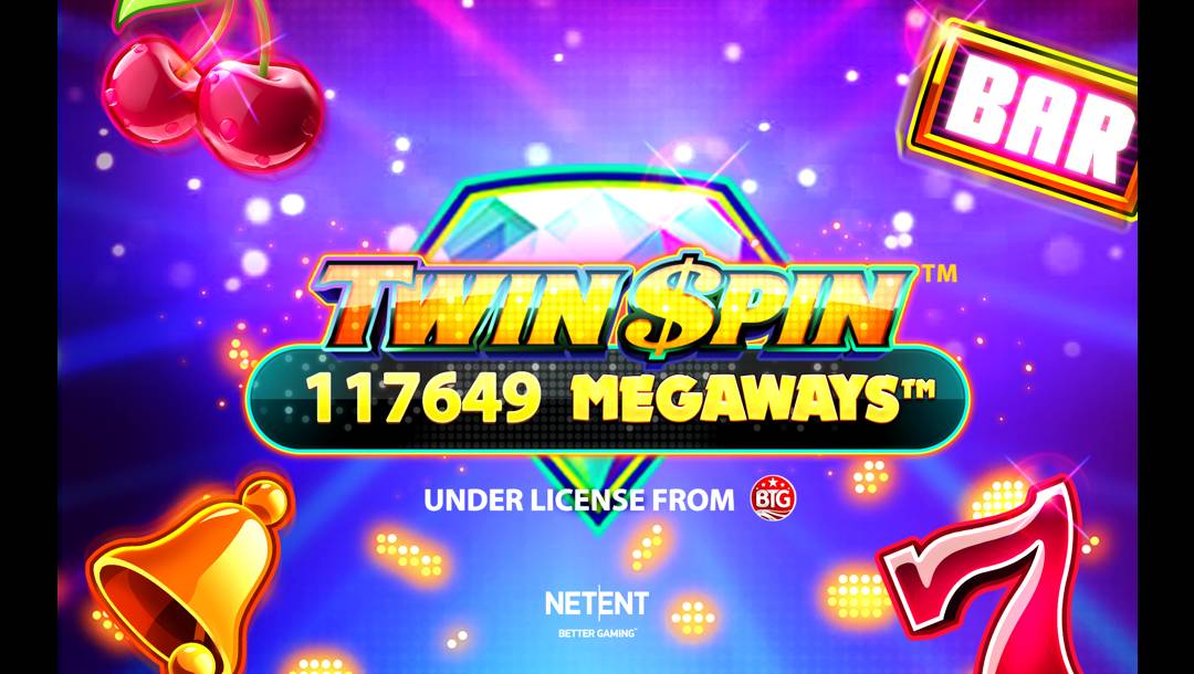 The Twin Spin Megaways title screen. It features neon lights, LED icons, and classic slot symbols around the game’s title and logo, which are set against a glowing diamond.