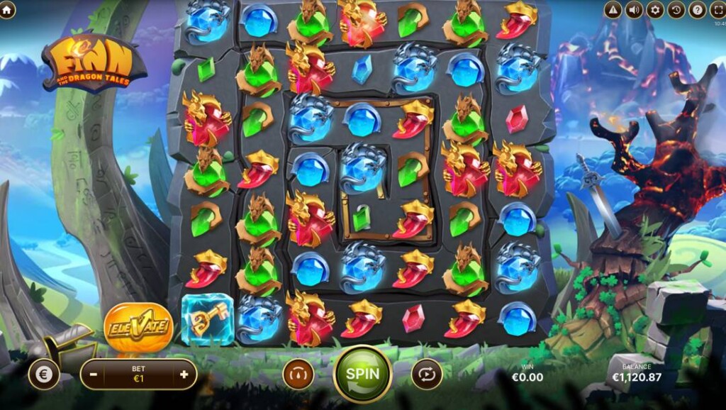 A screenshot of the slot reels for Finn and the Dragon Tales. The background is a fantasy setting with rolling green hills and clear rivers on the left and burning mountains and rocks on the right. In the foreground is the game’s spiral-shaped slot reels filled with various colored gem symbols.