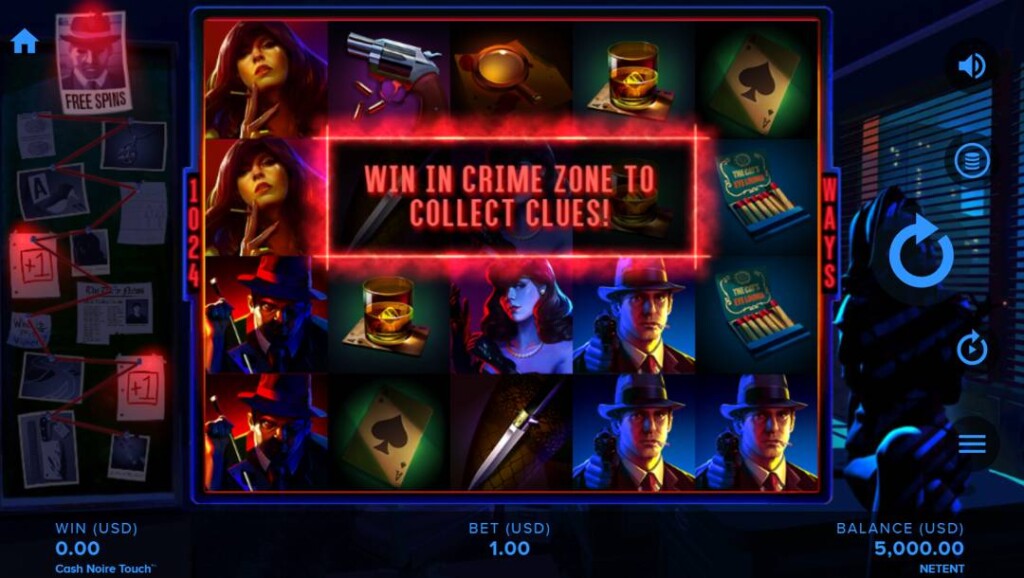 A screenshot of the slot reels in Cash Noire. The background is a detective’s office with a woman sitting on his desk and a pinboard filled with clues. In the foreground is the slot reels filled with film noir-themed symbols, as well as the notice “Win in Crime Zone to collect clues!”