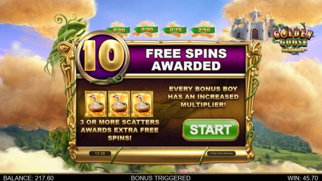 A screenshot of the Free Spins start screen. The background is an aerial view above fields and forests. The lavender sky is filled with golden clouds. In the foreground is the Free Spins Awarded notification and the green Start button surrounded by a golden frame.
