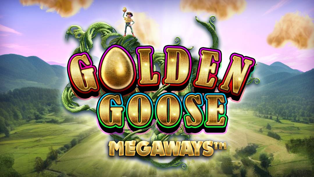 The Golden Goose Megaways title screen. The background is an aerial view looking over fields and forests in front of a mountain range, with a lavender sky above filled with golden clouds. In the foreground is the game title with giant vines and a boy perched atop them.