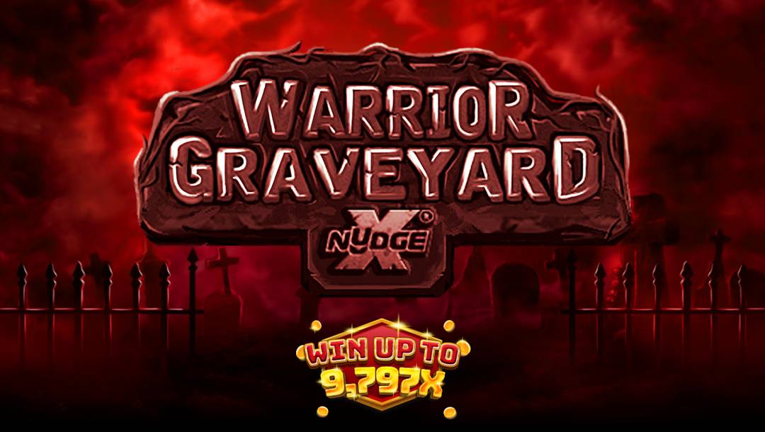 The Warrior Graveyard xNudge title screen. The game logo is set against a stone slab and hovers above a graveyard filled with red mist.