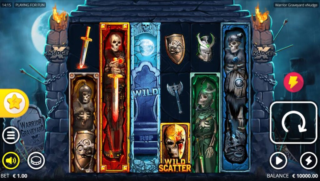 A screenshot of the slot reels in Warrior Graveyard xNudge. The background is a graveyard bathed in moonlight from a partially visible moon. The reels are set between two stone brick pillars and feature the skeletons of warriors, various weapons and armor, and tombstone wilds.