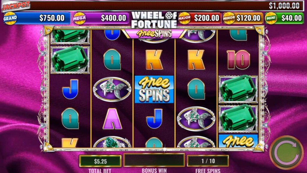 A screenshot of the free spins mode in Wheel of Fortune Elegant Emeralds. The background is a rich pink fabric. The slot reels are in the foreground and are filled with emerald-themed, bonus, and regular slot symbols.