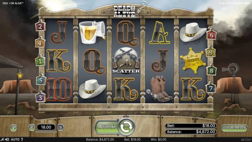 A screenshot of the slot reels in Dead or Alive. The backdrop shows storm clouds rolling in over mountains at the edge of a dusty frontier town. The slot reels feature a variety of Western-themed and playing card slot symbols.