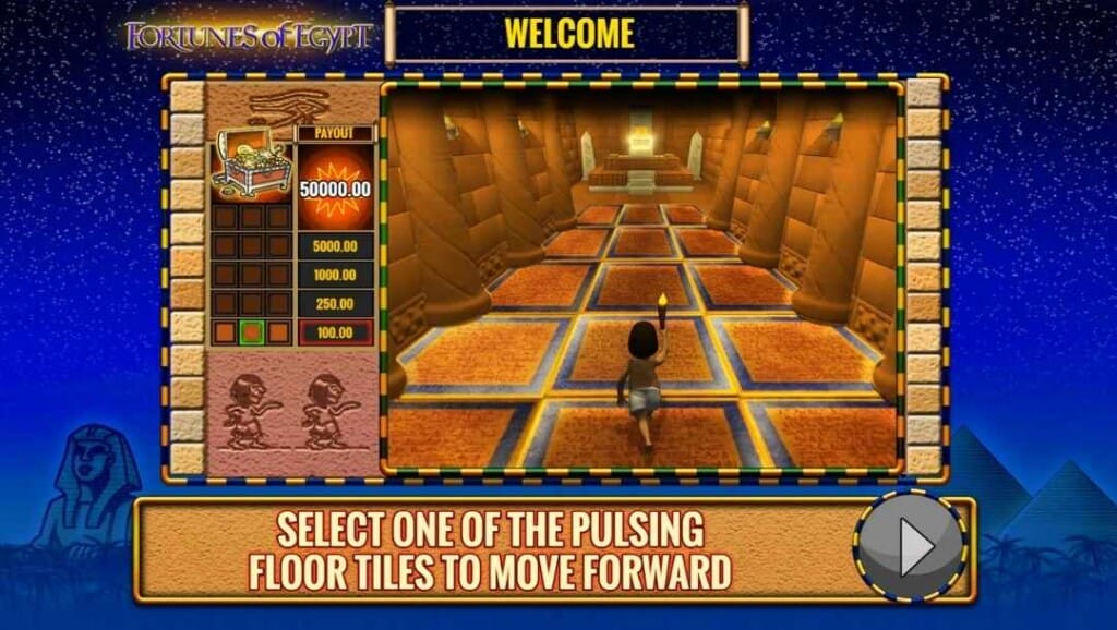Fortunes of Egypt bonus game screen showing the animated mini-game with the player's character making their way through the temple grounds to collect a prize at the end of the corridor. Available prizes are displayed to the left of the main mini-game interface.