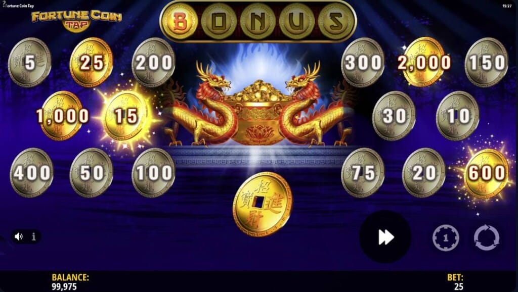 Fortune Coin Tap base game screen showing gold and silver coin prize values surrounding the Dragon Pot with B O N U S letters displayed above.