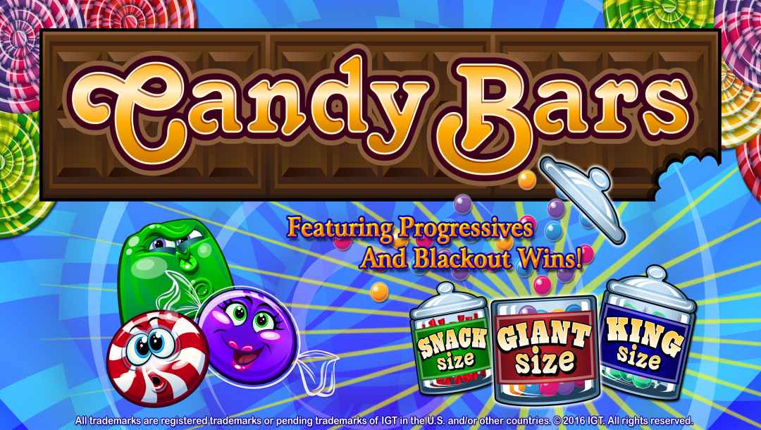 Online slot game banner with the title “Candy Bars”, with animated candies and candy jars.