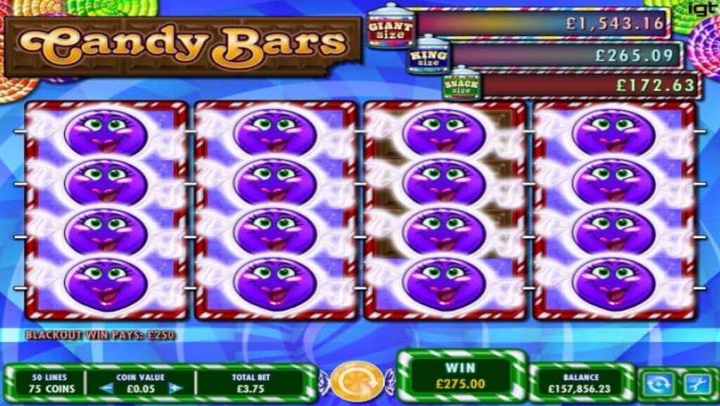 Candy Bars blackout win showing full grid of purple candy symbols, payout displayed, progressive meters visible above reels.