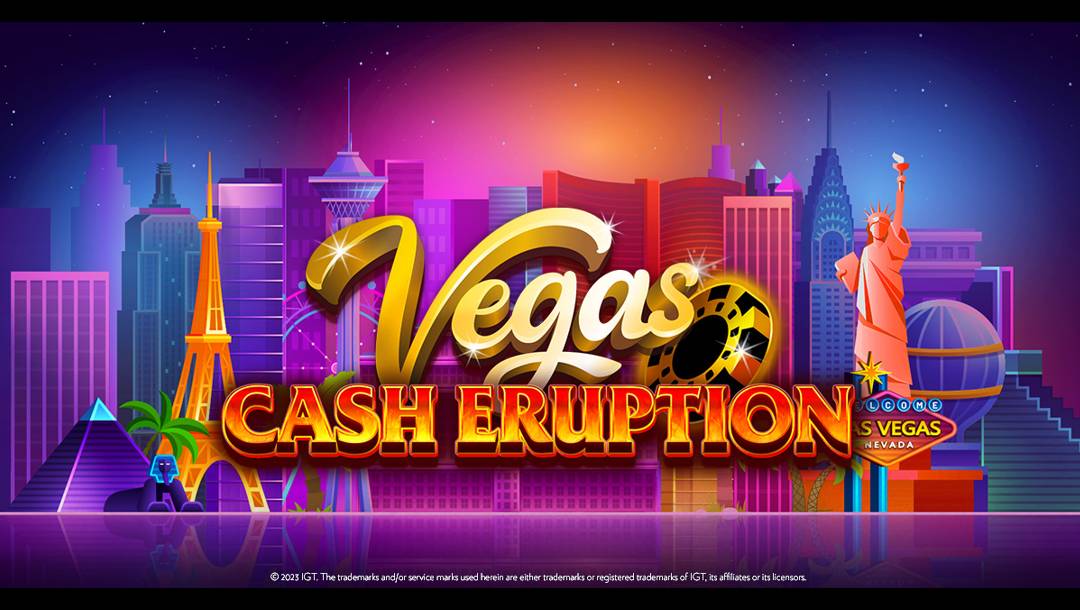 An illustration of Las Vegas in bold colors with various Vegas attractions. The game title is visible in the foreground.