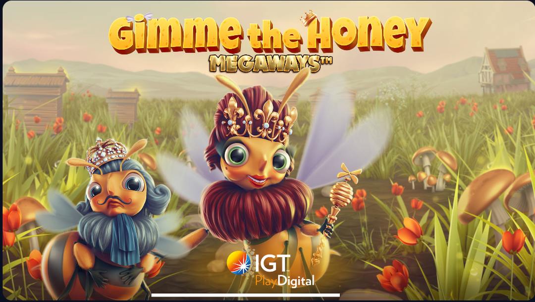 Banner with the online slot game title “Gimme the Honey Megaways” in front of a king and queen bee against a field of flowers.