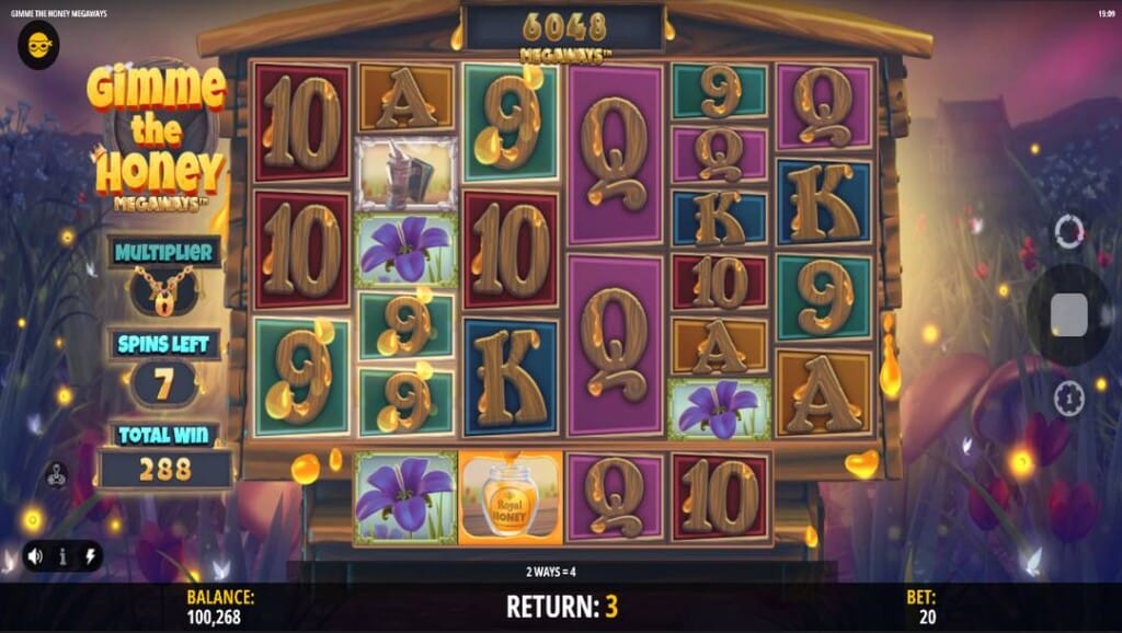 Gimme the Honey Megaways Free Spins feature showing cascading reels, active multiplier, spins left, and honey themed symbols.