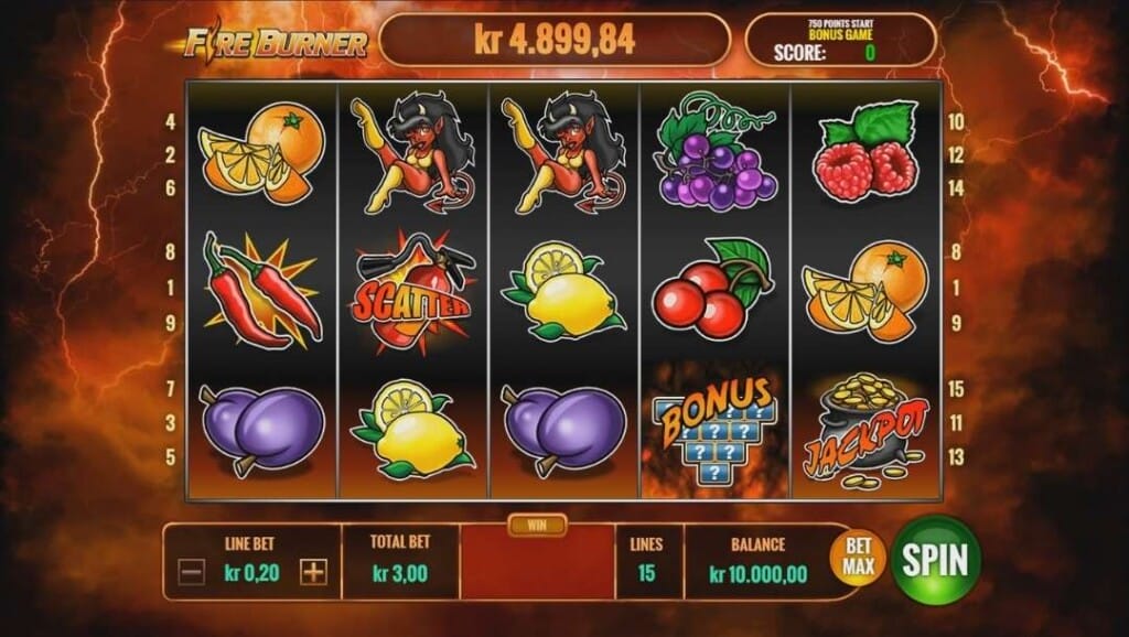 Fire Burner Slot base game showing the 5x3 reel grid against a dark red sky in the background. The sky is filled with swirling red storm clouds and streaks of lightning cracking across the screen. The reels feature classic fruit symbols and themed devil icons in a 90’s illustrative style.