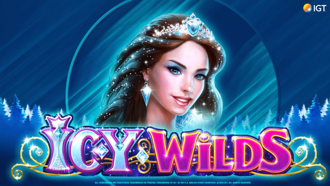 Banner with the online slot game title “Icy Wilds”. In the background, an ice princess looms above a frozen forest.