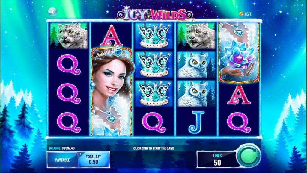Icy Wilds base game screen with Ice Princess symbol, stacked crowns, snow animals and card symbols across a 5-reel layout.