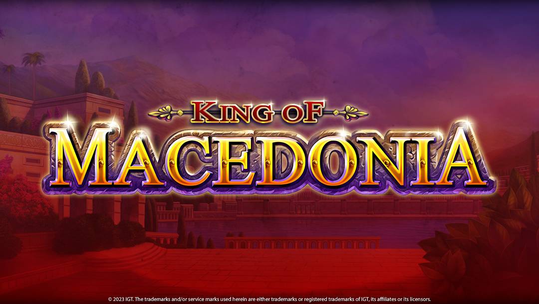The title screen for King of Macedonia. The background shows an ancient Macedonian palace surrounded by lush plants. A dark red filter is laid over the background. The title is in the foreground in a regal font.