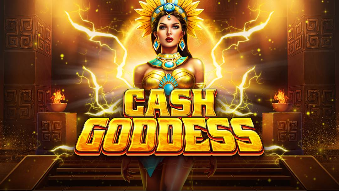 The Cash Goddess title screen. The backdrop is a dark Aztec temple with fire bowls next to two columns. In the foreground is an Aztec priestess surrounded by gold lightning bolts. The game title is in front of her.