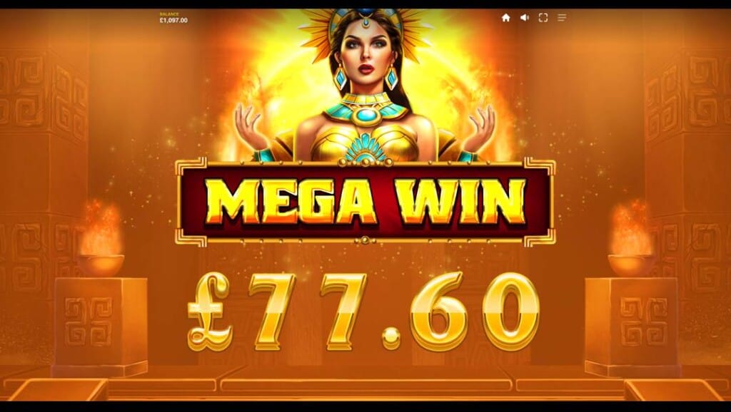 A screenshot of a Mega Win in Cash Goddess. The background is the interior of an Aztec temple filled with golden light. In the foreground is the Aztec priestess with the words “Mega Win” and the payout value in front of her.