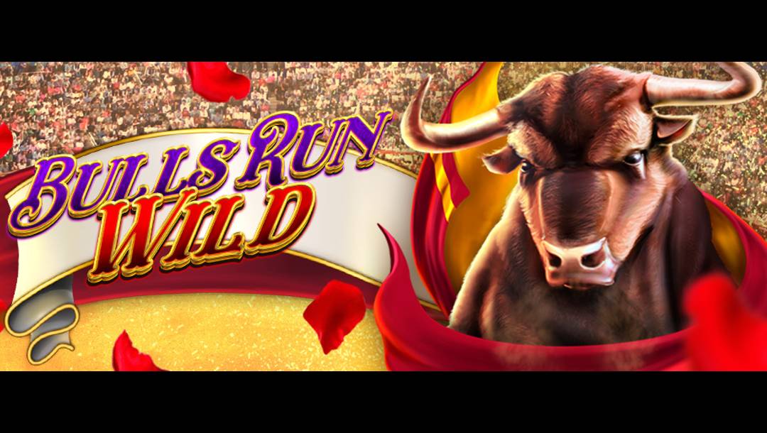 The Bulls Run Wild title screen. The background shows a packed stadium. In the foreground is a bull with a red cape wrapped around it. The game title is next to the bull.