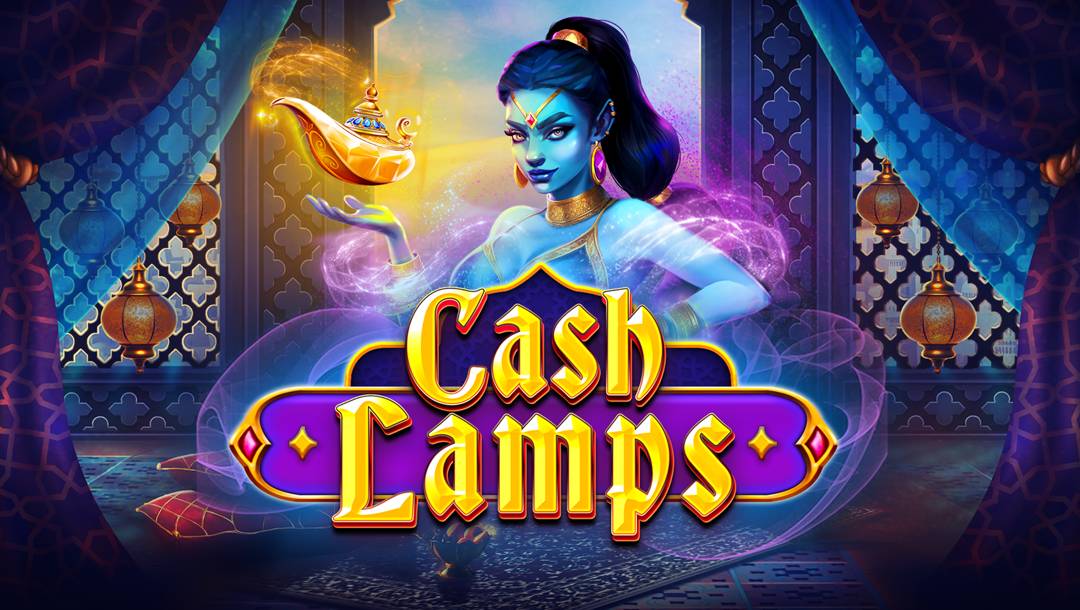 The Cash Lamps title screen. The setting is a luxurious room in a sultan’s palace with rich silks draped from the ceiling. A beautiful genie surrounded by purple energy has a golden lamp floating above her hand. In the foreground is the game title in a Middle-Eastern-style font.