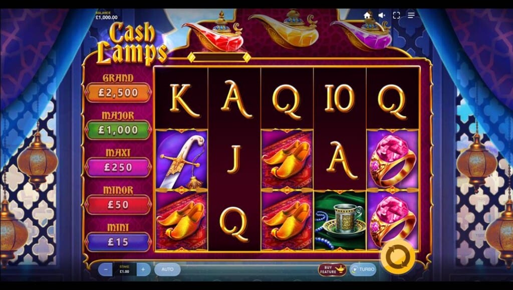 A screenshot of the Cash Lamps slot reels. The background is a window in a sultan’s palace overlooking an ancient Middle Eastern city. There are blue silk cloths and lamps hanging from the ceiling. In the foreground are the game’s slot reels. The reels are filled with themed and playing card symbols. The jackpots are listed to the left of the slot reels.