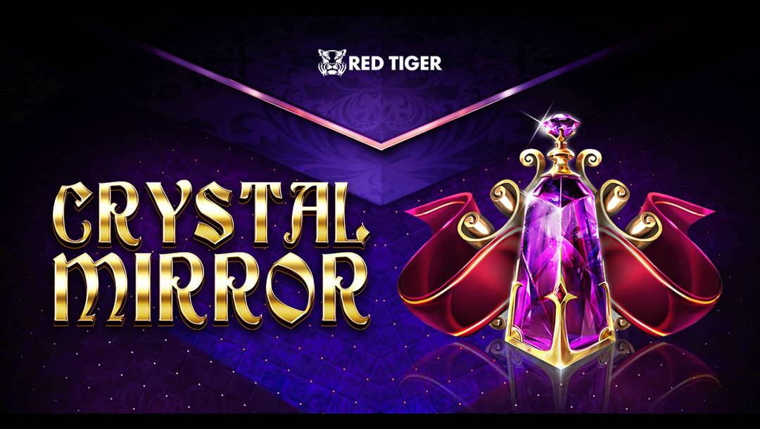 The Crystal Mirror title screen. The background is a purple cushion with glowing diamond-like studs. In the foreground is a triangle purple and gold shape, a gold bottle with a purple gem and red and gold ribbon, and the game’s title in a fancy gold font.
