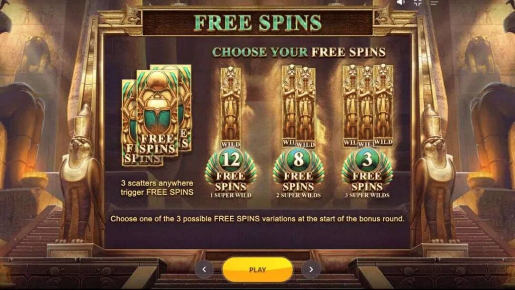 An in-game notification explaining the Free Spins feature in Egypt Megaways. There are three Free Spin options to choose from. You can choose from more spins with fewer Super Wilds or fewer spins with more Super Wilds.