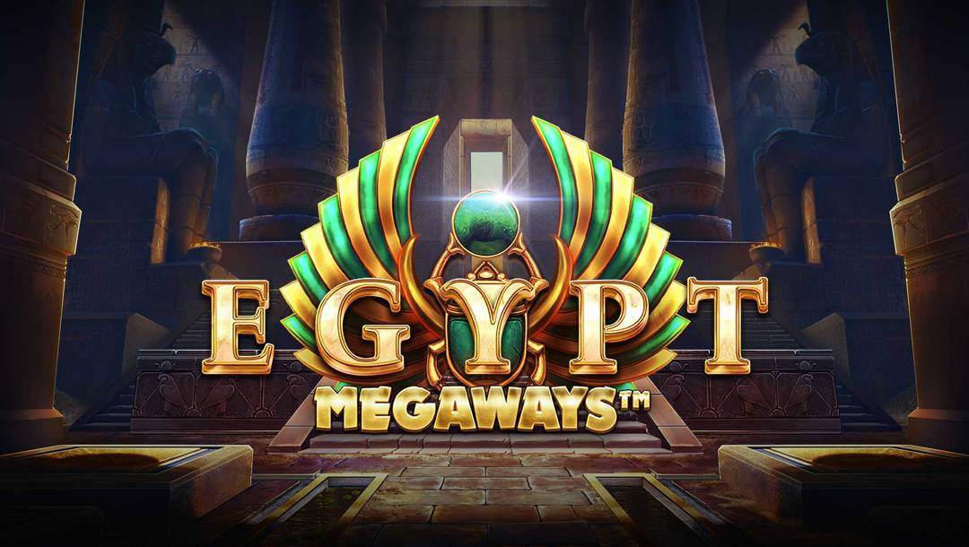 The Egypt Megaways slot game banner. The background is the interior of a dark Egyptian temple with statues lining the walls. In the foreground is the game title set against a gold and green scarab with wings.