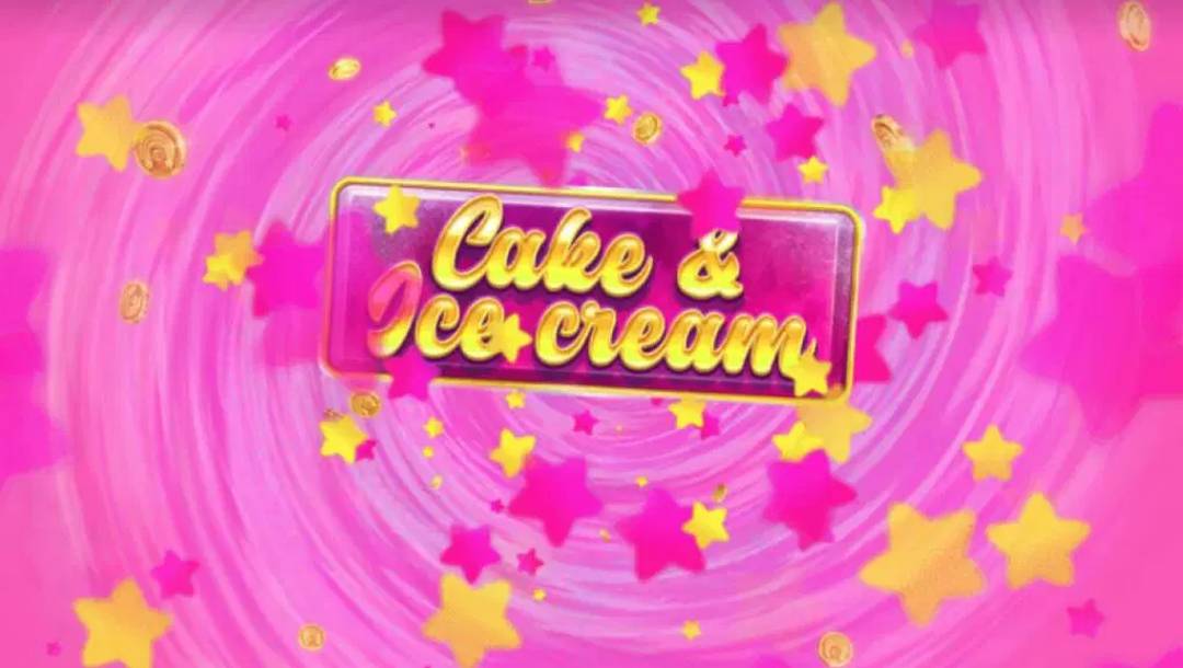 The Cake & Ice Cream title screen. The background is a swirl of pink colors with pink and gold stars. The game’s title is visible against a pink frame with the title “Cake & Ice Cream” rendered in a cursive gold font.