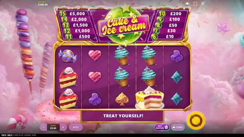 A screenshot of the slot reels in Cake & Ice Cream. The background shows pink cotton candy clouds with dessert items scattered throughout. In the foreground are the slot reels with various food-themed slot symbols and candy-styled card suits. Above the slot reels are the Candy Ladder payouts.