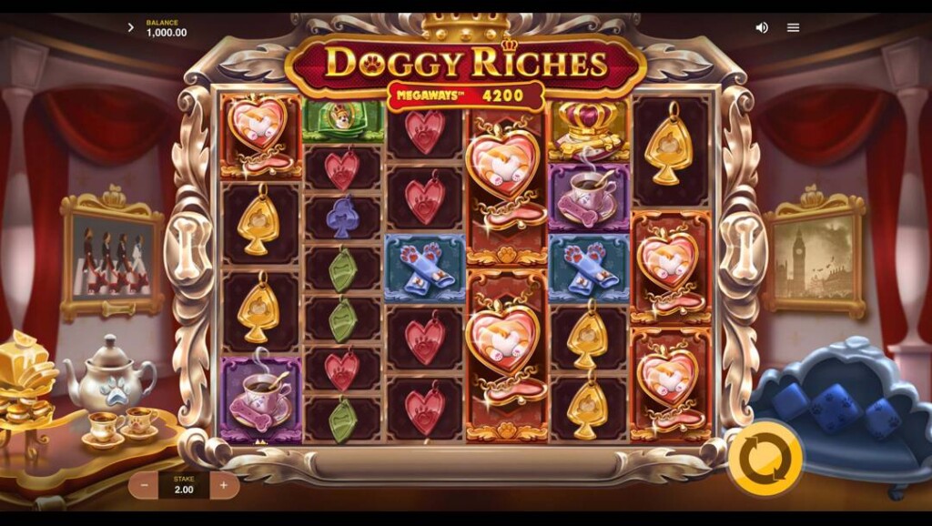 A screenshot of the slot reels in Doggy Riches Megaways. The backdrop is the Royal Corgi’s living room with tea ready for guests and paintings along the walls. In the foreground are the slot reels framed by an ornate golden frame and filled with themed slot symbols, including playing card icons designed as dog tags.