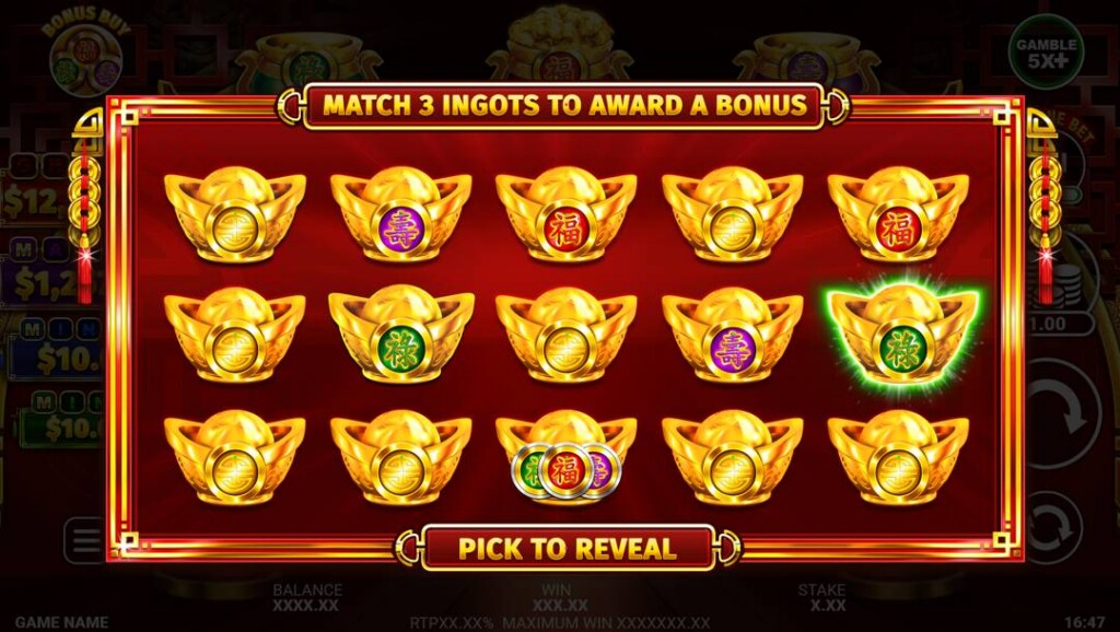 A screenshot of the Fu Shen Zhu Fu Fortune Bonus Pick Feature. Inside a golden frame with a red background are 15 gold ingots. Some have insignias on them, while others don’t. Above the frame, it says “Match 3 ingots to award a bonus”. Below the fram,e it says “Pick to reveal”. 